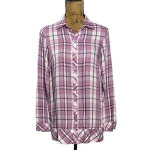 J Jill XS Button Down Shirt Tunic White Black Blue Purple  Plaid Long Sl Casual